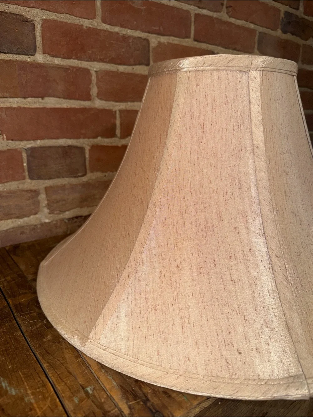 Vintage Neutral Beige Fabric Bell Lamp Shade with Brass Harp Victorian